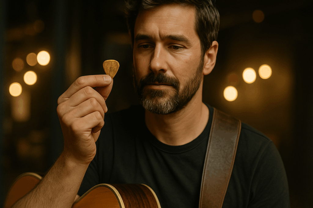 Close-up of a guitarist backstage holding a cracked old pick between his fingers, soft stage lights in the background
