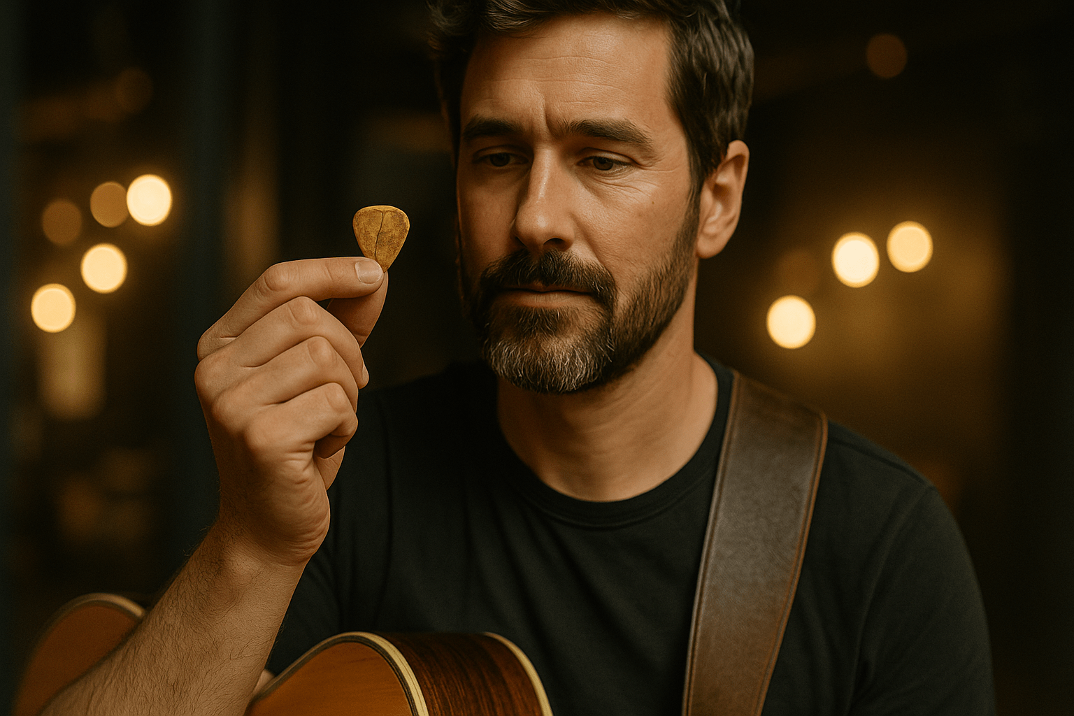 Close-up of a guitarist backstage holding a cracked old pick between his fingers, soft stage lights in the background