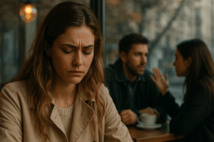 A young woman standing alone by a sunlit window at sunset, softly illuminated by golden light, reflecting quietly after a breakup — cinematic emotional photography in warm tones.
