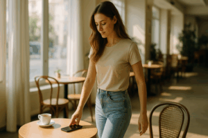 A young woman in a bright morning café calmly placing her phone face down beside a single coffee, standing up with quiet resolve—an empowering tone for fixing a boyfriend’s habit of disappearing.