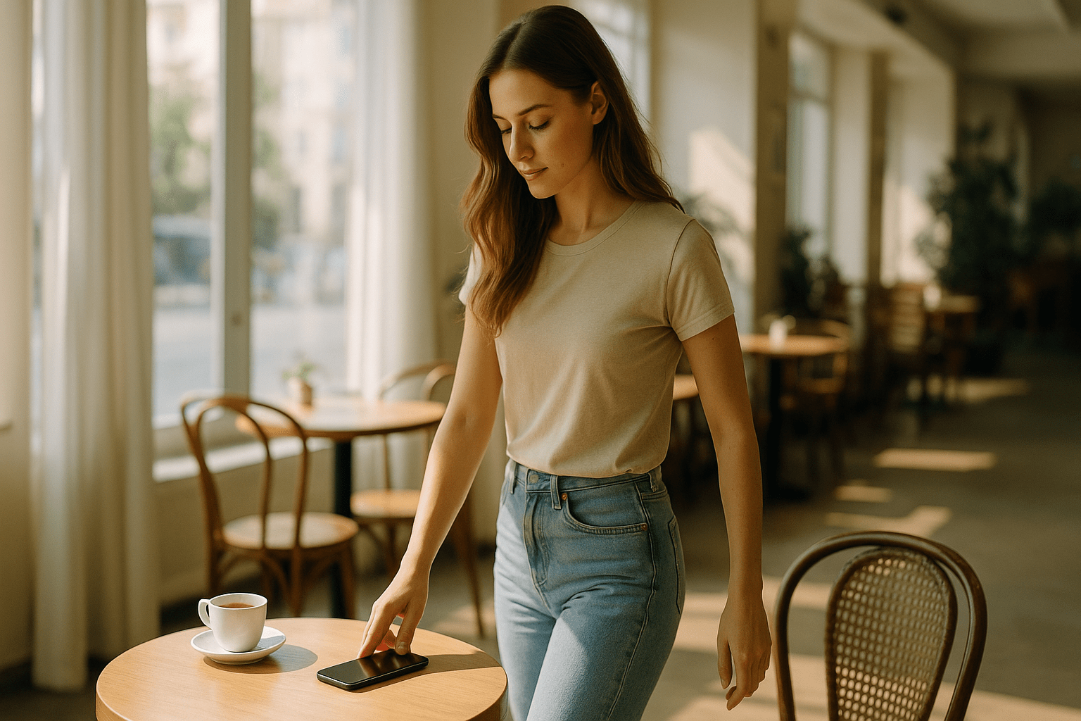 A young woman in a bright morning café calmly placing her phone face down beside a single coffee, standing up with quiet resolve—an empowering tone for fixing a boyfriend’s habit of disappearing.