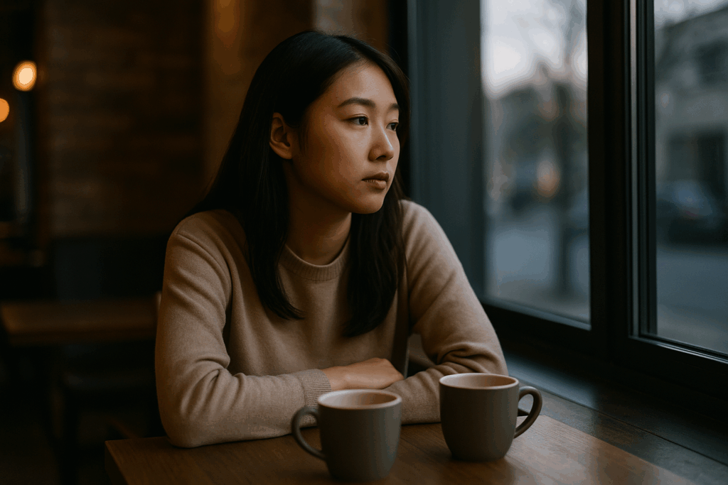 Young woman gazing out a café window after a breakup, weighing whether to stay friends