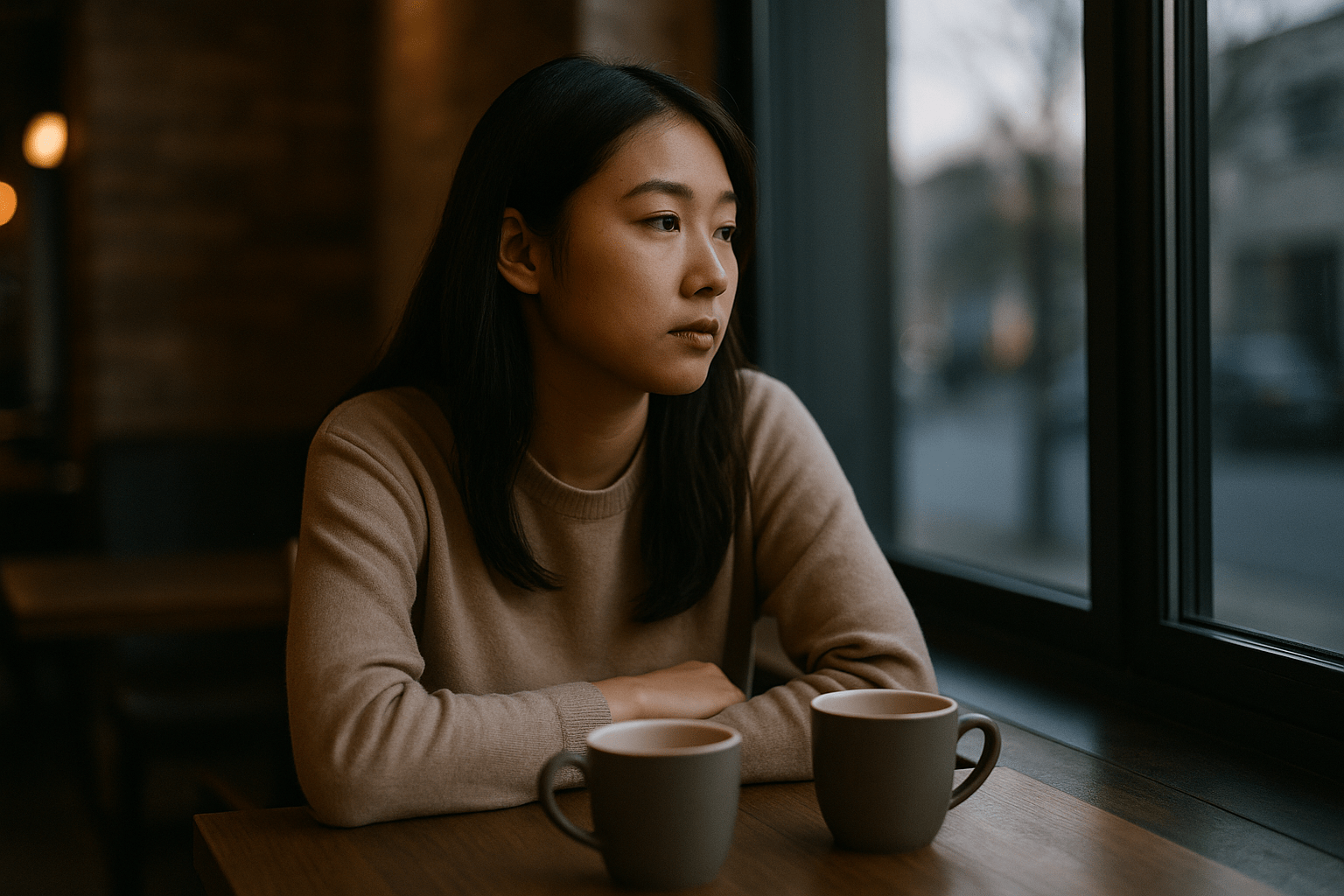 Young woman gazing out a café window after a breakup, weighing whether to stay friends