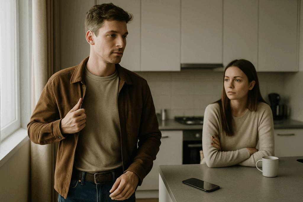 A couple on an evening balcony, the woman looking uncertain while the man stands calm with steady posture against city lights—capturing tension over perceived masculinity in the relationship.