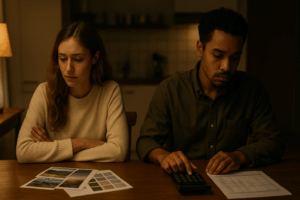 A couple sitting at a kitchen table at night, one partner focused on a calculator and budget sheets while the other looks away at travel photos and color swatches—capturing a breakup sparked by clashing values.