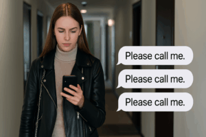 A confident young woman in a leather jacket walking down a modern hallway, glancing at her phone as unread “Please call me” messages appear—capturing empowerment after breaking up with a cheating boyfriend.