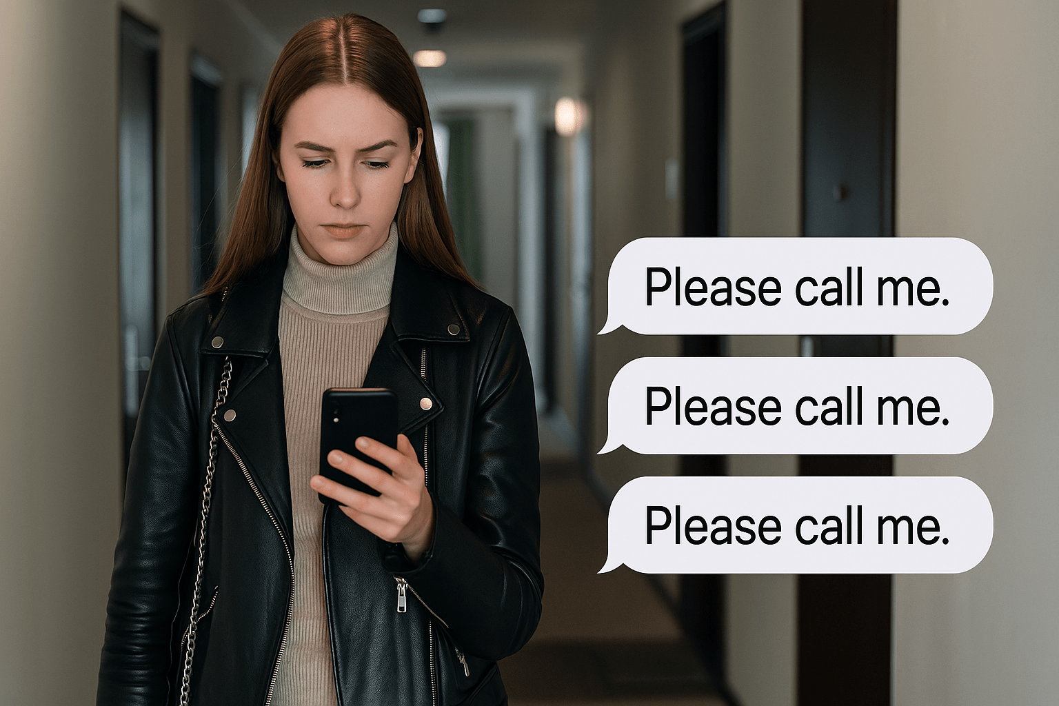 A confident young woman in a leather jacket walking down a modern hallway, glancing at her phone as unread “Please call me” messages appear—capturing empowerment after breaking up with a cheating boyfriend.