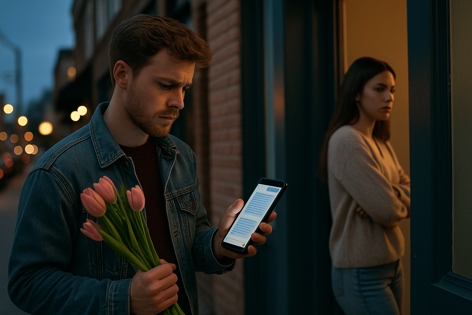 A man outside at dusk holding flowers and staring at a long text on his phone while his girlfriend stands closed off in a doorway behind him—showing how emotional messages or gestures can backfire during reconciliation.