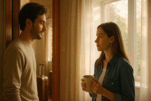 A couple standing by a sunlit window, exchanging a calm look while a suitcase sits by the doorway—capturing quiet hope and the structure behind long-distance reunion.