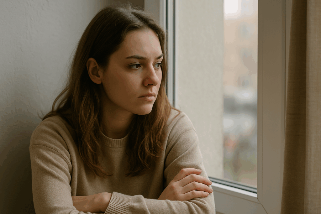 Young woman gazing out a window with a calm, reflective expression