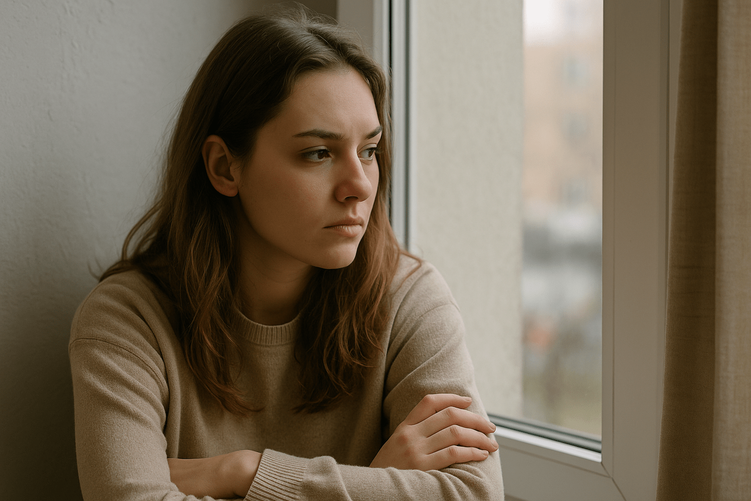Young woman gazing out a window with a calm, reflective expression