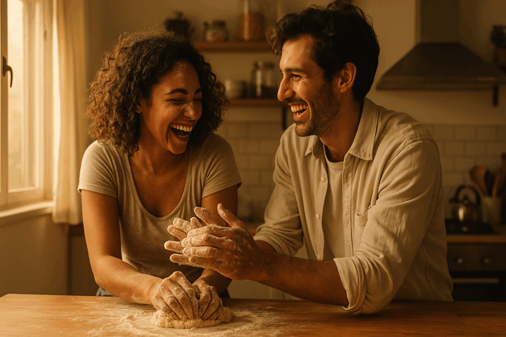 A laughing couple in a sunlit kitchen kneading dough together, flour on their hands and warm golden light—capturing playful connection as a remedy for relationship boredom.