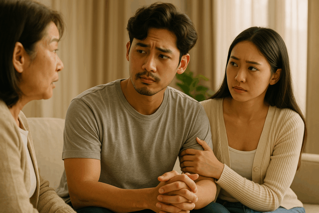 A young couple having a tense conversation with an older parent in a softly lit living room, showing emotional struggle and quiet concern due to parental opposition in their relationship.