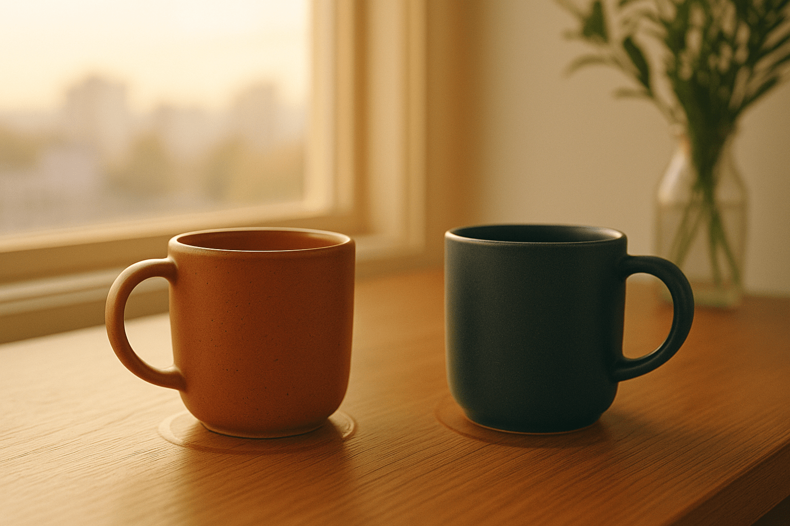 Pair of mugs in golden light, evoking steady memories after a breakup