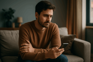 Pensive ex-boyfriend sitting on a sofa, looking at his phone after a breakup