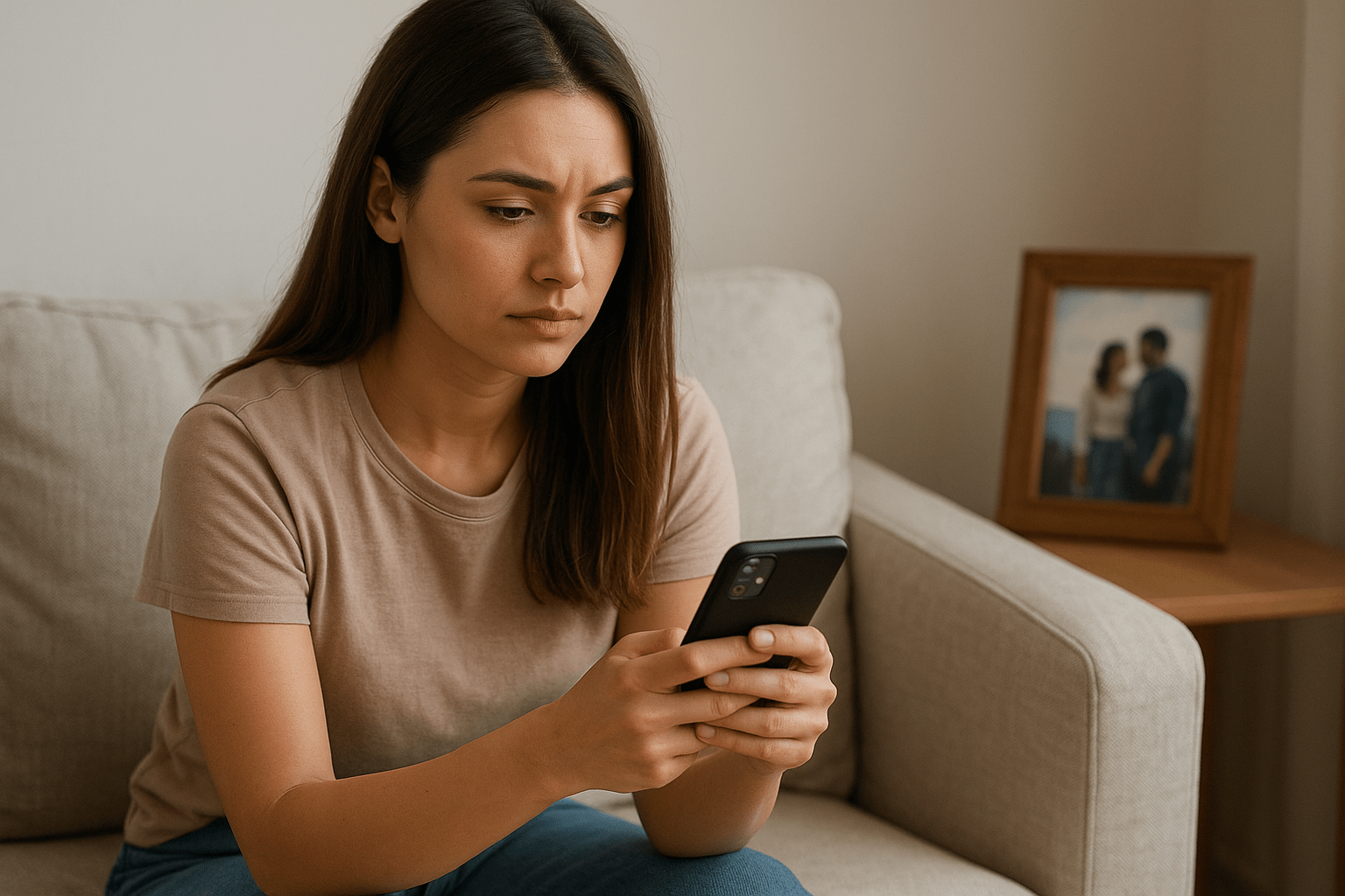 Thoughtful woman holding a phone, with a faded photo frame of a past couple in the background