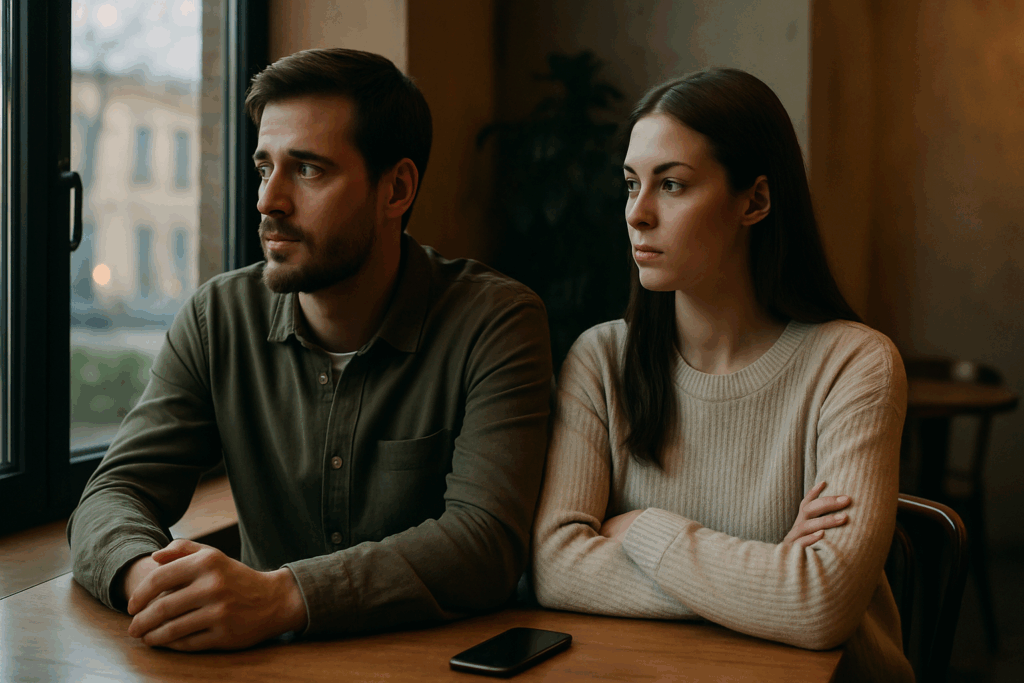 A couple sitting in a café at dusk, thoughtful and distant after a hard conversation