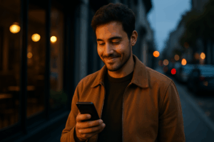 A young man smiling at his phone on a city sidewalk at dusk, considering reaching out again