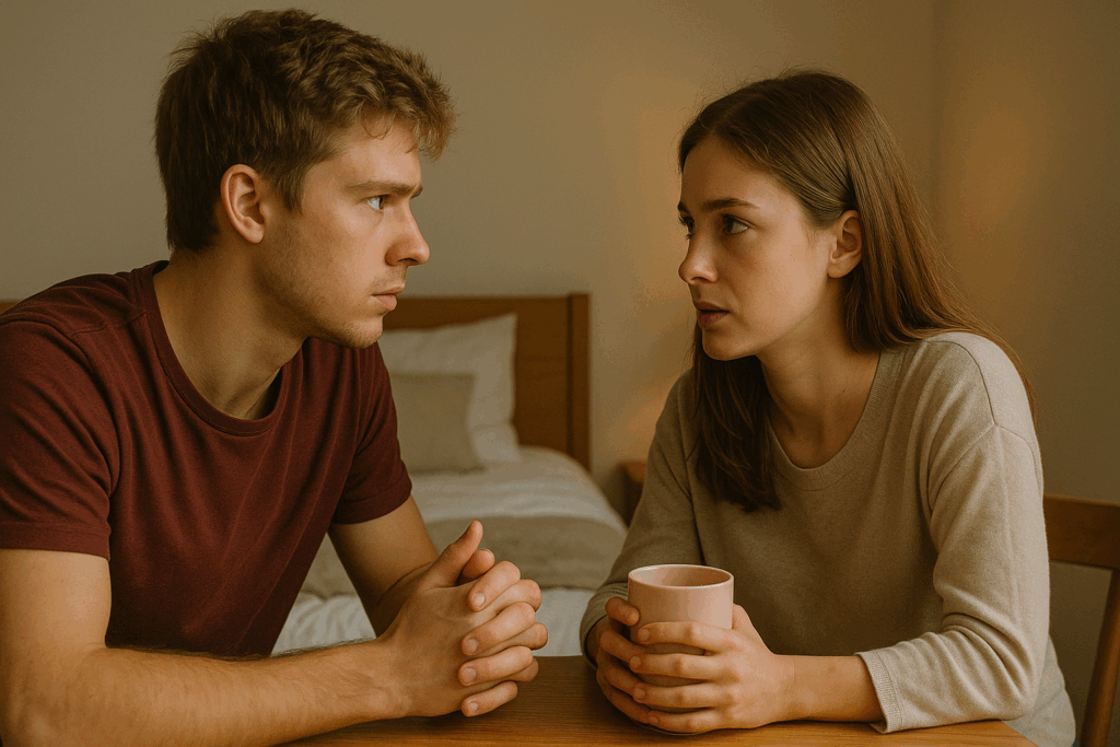 A couple at a small bedroom table, the woman holding a mug while the man leans in, both serious—reflecting the hard questions that matter more than simply reconciling after cheating.
