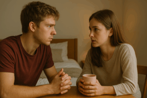 A couple at a small bedroom table, the woman holding a mug while the man leans in, both serious—reflecting the hard questions that matter more than simply reconciling after cheating.