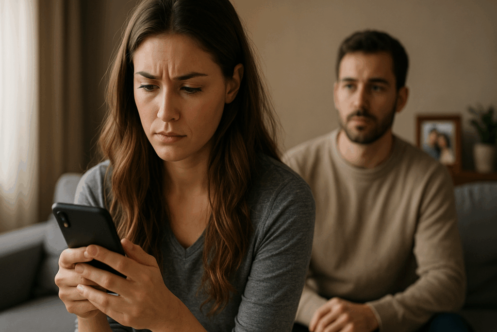 In a softly lit living room, a woman studies her phone with a troubled expression while her boyfriend watches from the sofa—signaling emotional distance and an unspoken breakup.