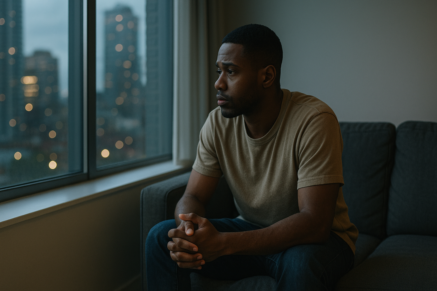 Young man by a window at dusk, shoulders tense as he sits alone after a breakup