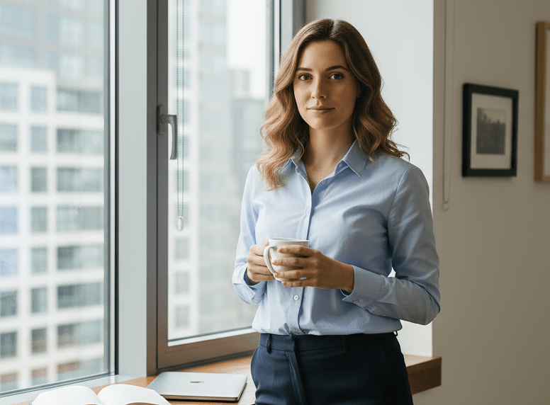 A professional woman standing by a window holding a coffee mug, representing Reunior’s psychology-based approach to relationship recovery